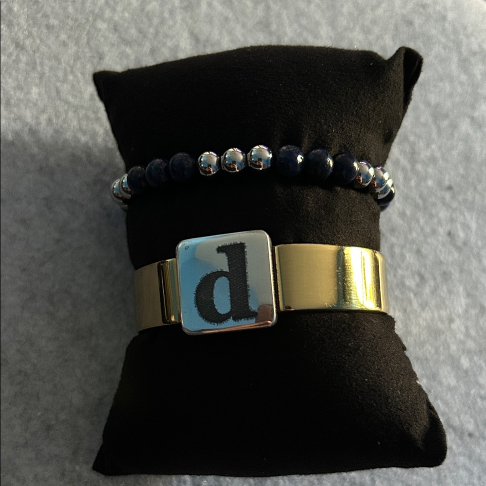 Rustic Cuff Gold Plated Small Case Letter d Blue & Silver Bead Bracelet Duo